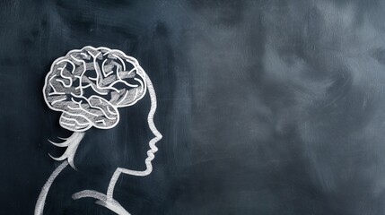Fototapeta premium brain on the outlined face made with chalk, brain made with chalk, brain outline, brain with copy space 