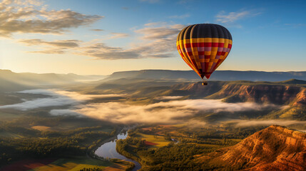 Balloon Soaring Above Misty River Valley - obrazy, fototapety, plakaty