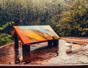 Painted half-close-up painting resting on brown table in the rain  - 765195638