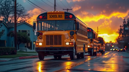 School Bus Pausing On A Rainy Sunset Boulevard - obrazy, fototapety, plakaty