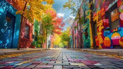 Colorful street with a brick sidewalk and a tree in the middle. The street is lined with colorful buildings and the trees are in various shades of yellow, orange, and red. The scene is lively
