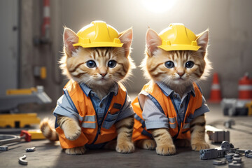 Adorable cats dressed as construction workers ready for a project