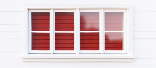 Fototapeta premium A white house features a red window with white trim on its exterior