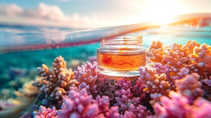Mockup of cosmetic cream in a jar underwater next to corals,
Concept: Marine-themed packaging with a moisturizing effect, seaweed or salt composition. - obrazy, fototapety, plakaty