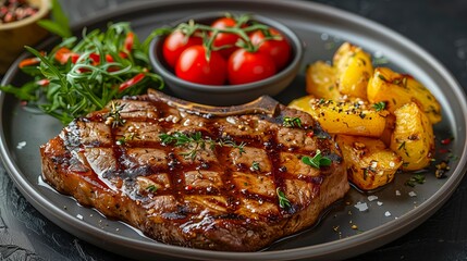 Juicy steak with a colorful assortment of vegetables displayed on a plate, ready to be enjoyed.