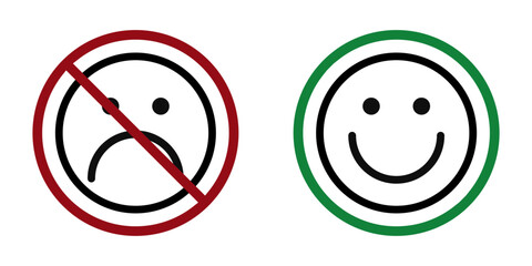 happy and sad face ban prohibit icon. Not allowed emoticons . Forbidden to be happy and sad