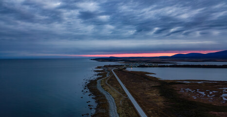Coast on East Coast of Atlantic Ocean. Aerial Nature Background. Sunrise Sky.
