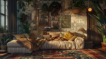 Home living room interior with ethnic decoration, African style, 3D rendering, generative AI