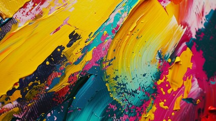 A dynamic abstract painting with bold strokes of yellow, pink, blue, and black, evoking emotion and movement