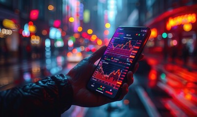 A businessman holding a smartphone and scrolling through stock charts