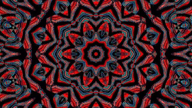 Abstract Kaleidoscope pattern with full colors. Magic mandala. 4k of smooth lines waves glittering light effect on round shape in center, black background 
