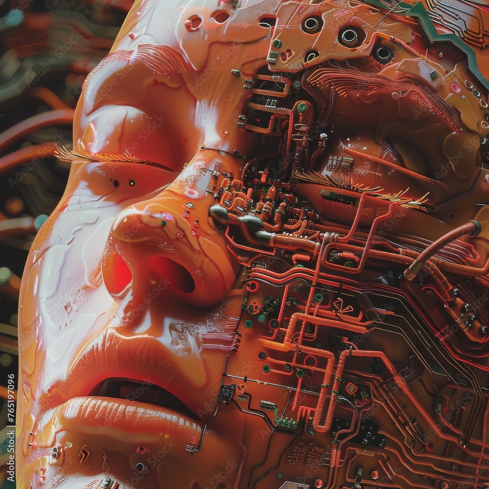 Poster surreal image blending human features with advanced cybernetics, evoking thoughts on the future of t
