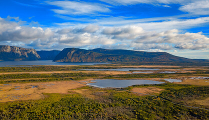 Aerial Canadian Mountain Landscape with lake. Fall Season.