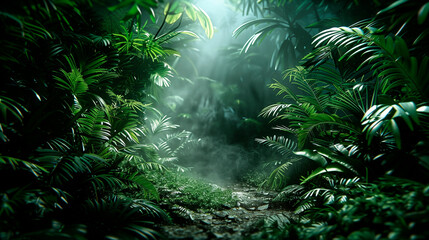 Dark tropical green forest with a path, Monstera and Palm plants, trees, light coming throught the...