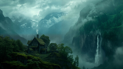  Islandic landscape view of green mountains with trees, waterfall, dramatic sky, dark clouds, islandic house with smoke