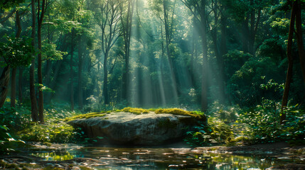 large and flat stone in the forest in the center, product background, nature, sunrays comming...