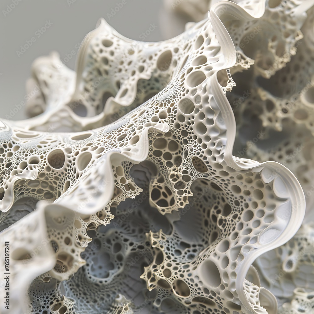 Poster a close-up of a white, coral-like fractal structure, showcasing complex patterns and textures with a