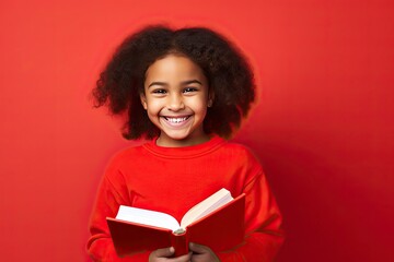 Photo of optimistic happy little girl hold read book study wear pullover isolated on red color background - generative ai