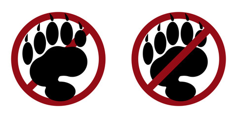 Animal ban prohibit icon. Not allowed entry with animals cats and dogs. Forbidden entry with pets
