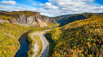Scenic road in Canadian Mountain Landscape Valley with River. Fall Season. Corner Brook,...