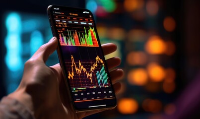A businessman holding a smartphone and scrolling through stock charts