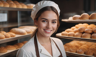 Beautiful young female baker standing in a bakery and smiling at the camera