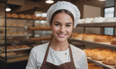 Beautiful young female baker standing in a bakery and smiling at the camera