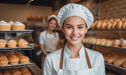 Beautiful young female baker standing in a bakery and smiling at the camera