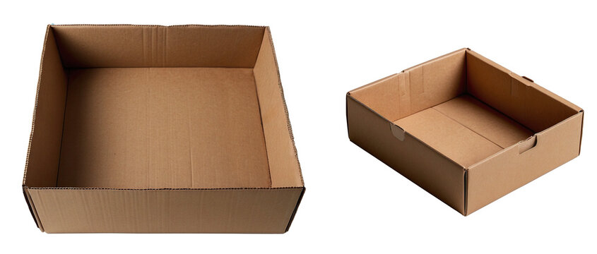 Two empty open cardboard boxes viewed from above, isolated on white transparent background PNG. top view.