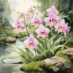 Beautiful realistic watercolor orchid garden background , detailed close up digital botanical watercolor illustration of pink orchids growing in orangerie.