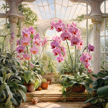 Beautiful realistic watercolor orchid garden background , detailed close up digital botanical watercolor illustration of pink orchids growing in orangerie.