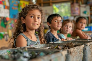 educational workshop in a local school where children of different ethnicities are learning about waste reduction