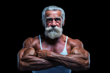 Fit grandfather with muscle poses looking at camera.