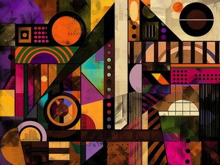 A vibrant digital art piece featuring an array of geometric shapes A collage-like composition includes multiple overlapping squares, circles, triangles, stripes Generative AI