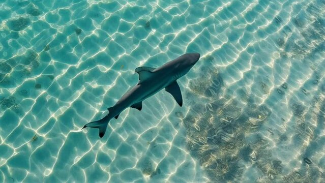 Shark in the tropical sea. Transparent water with reflections of the sun on the sandy bottom