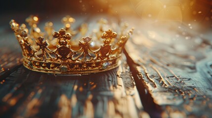 An elegantly composed low key image capturing a majestic queen or king crown resting on a wooden table - obrazy, fototapety, plakaty