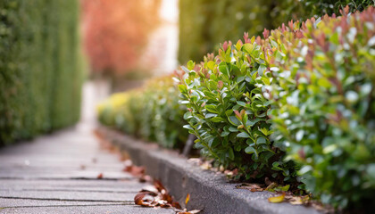 Close-up of dwarf boxwood hedge along sidewalk. Blurred background. - obrazy, fototapety, plakaty