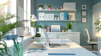  A contemporary doctor's office setting, meticulously arranged with a laptop, table lamp, stationery, and tasteful decor