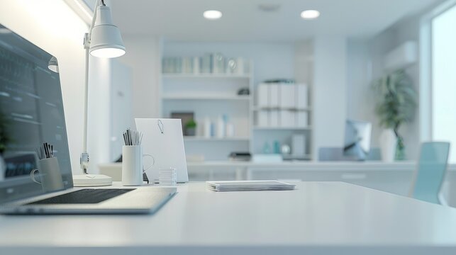  A contemporary doctor's office setting, meticulously arranged with a laptop, table lamp, stationery, and tasteful decor