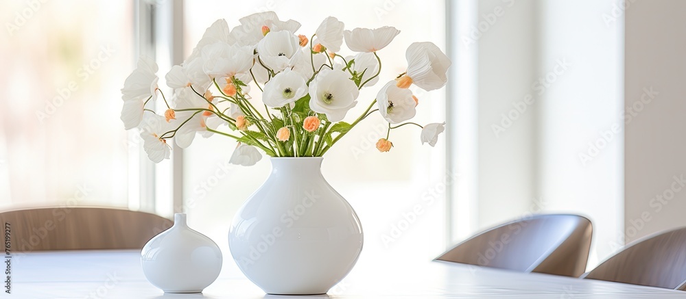 Poster there are two vases with colorful flowers placed on a wooden table in front of a large window
