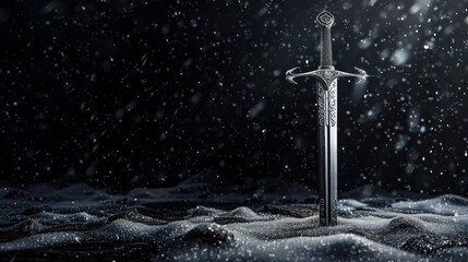 Naklejka premium A mystical image that captivates with a silver sword suspended over a gothic snowy black background