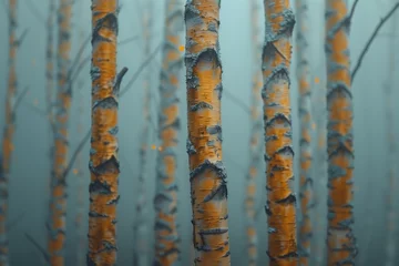 Zelfklevend Fotobehang background with birch forest in the fog, early spring, nature © Evgeny