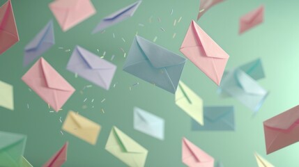 a cascade of pastel-colored envelopes gently falling against a vivid green backdrop