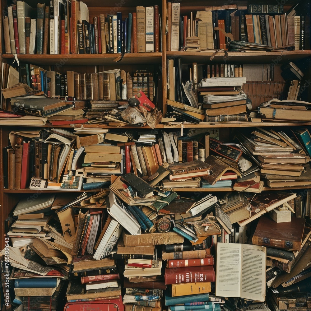 Poster an image of a cluttered bookshelf overflowing with an eclectic mix of books and personal items, symb