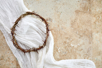 Easter background. Crown Of Thorns with white shroud. Crucifixion Of Jesus Christ - 765199685