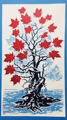 Lino print cut art of maple and ice plake,poster style,very simple сreated with Generative Ai