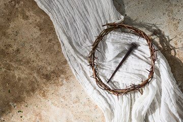 Easter background. Crown Of Thorns with white shroud. Crucifixion Of Jesus Christ - 765199873