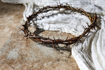 Easter background. Crown Of Thorns with white shroud. Crucifixion Of Jesus Christ - 765200085