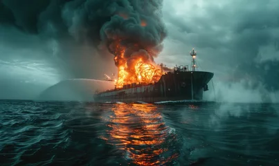  A burning oil tanker in the ocean © piai