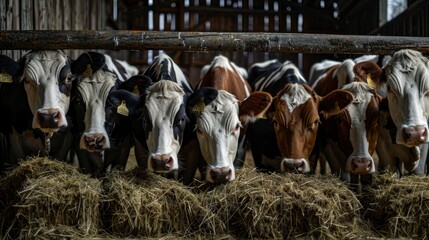 cows inside a barn with their heads out eating hay on a farm in high resolution and high quality HD